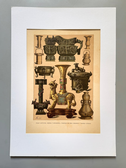 Cromolitografía vasijas de oro, bronce y barro chinas - Historia general del arte. Montaner y Simón ca. 1890