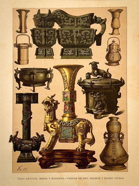 Cromolitografía vasijas de oro, bronce y barro chinas - Historia general del arte. Montaner y Simón ca. 1890