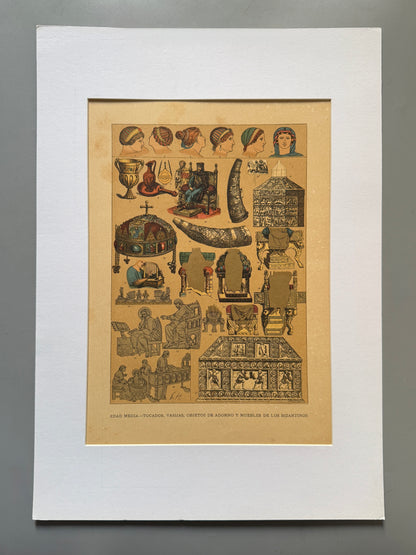 Cromolitografía tocados, vasijas, objetos de adorno y muebles de los bizantinos - Historia general del arte. Montaner y Simón ca. 1890