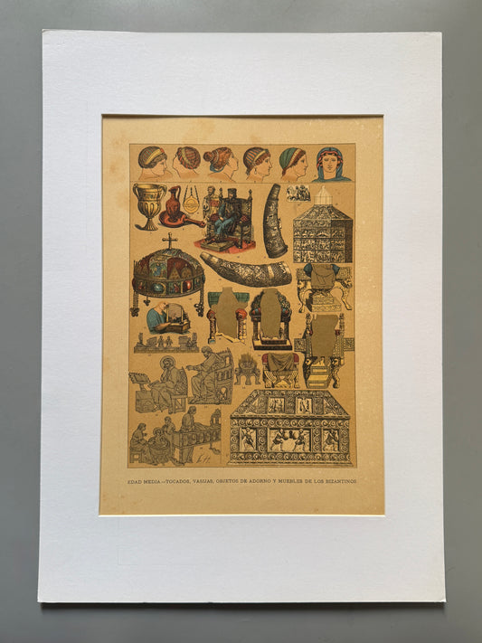 Cromolitografía tocados, vasijas, objetos de adorno y muebles de los bizantinos - Historia general del arte. Montaner y Simón ca. 1890