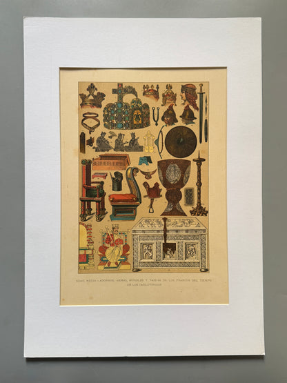 Cromolitografía adornos, armas, muebles y vasijas de los francos - Historia general del arte. Montaner y Simón ca. 1890
