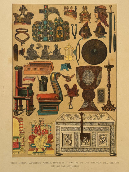 Cromolitografía adornos, armas, muebles y vasijas de los francos - Historia general del arte. Montaner y Simón ca. 1890