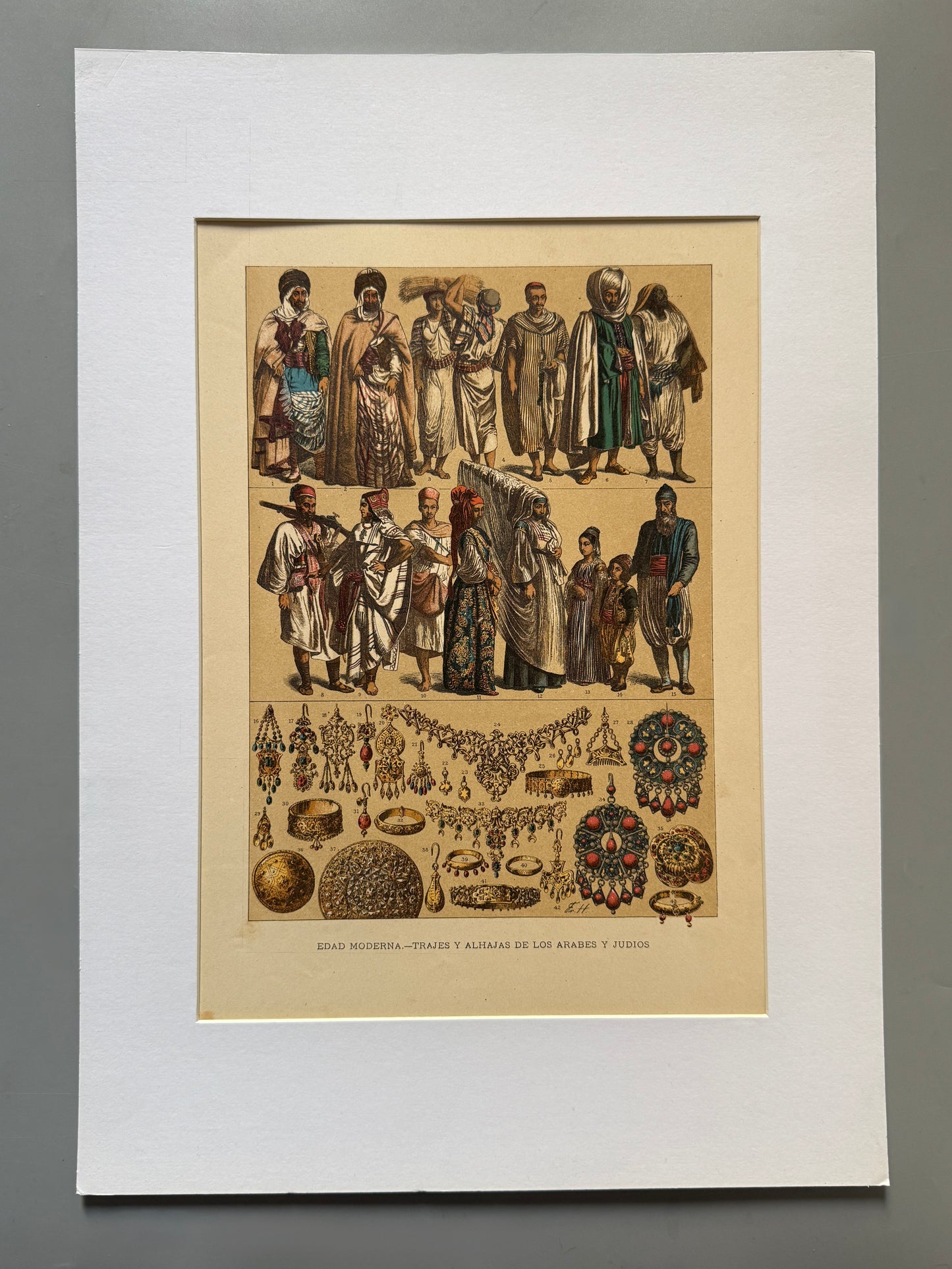 Cromolitografía trajes y alhajas de los árabes y judios - Historia general del arte. Montaner y Simón ca. 1890