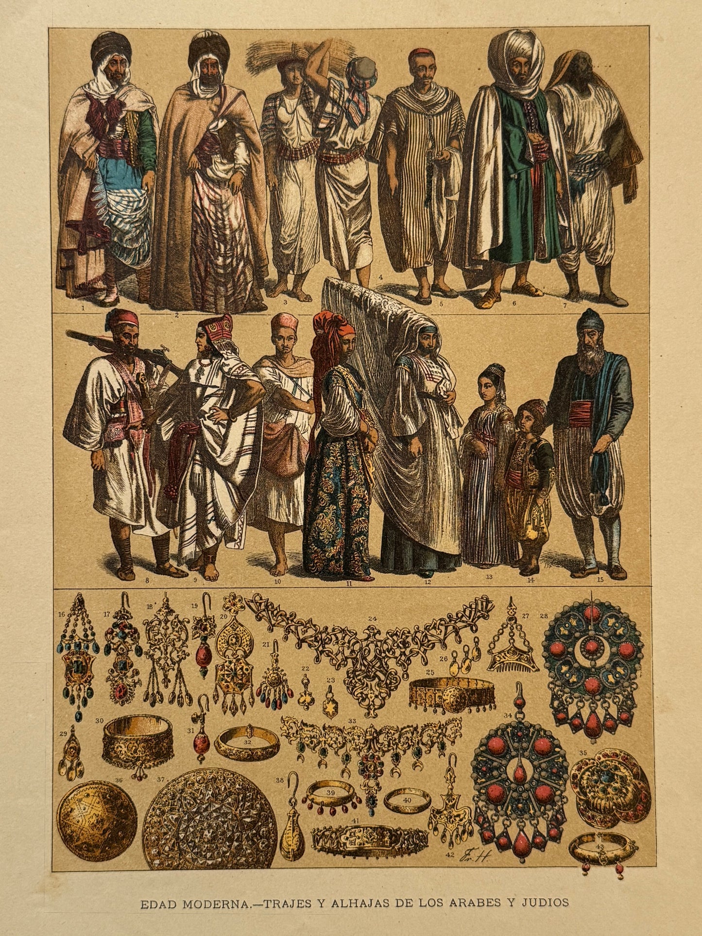 Cromolitografía trajes y alhajas de los árabes y judios - Historia general del arte. Montaner y Simón ca. 1890