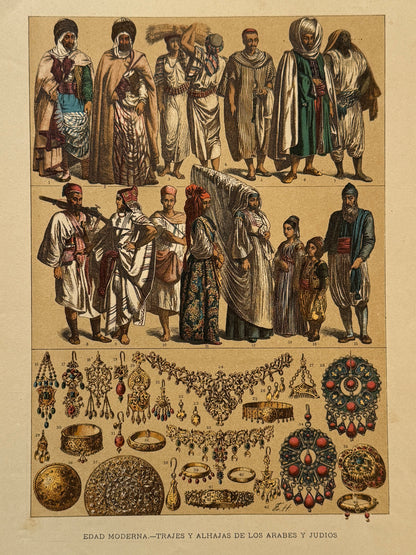 Cromolitografía trajes y alhajas de los árabes y judios - Historia general del arte. Montaner y Simón ca. 1890