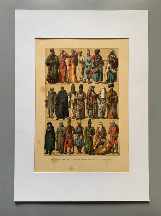 Cromolitografía trajes y armas de los persas del siglo XIX - Historia general del arte. Montaner y Simón ca. 1890