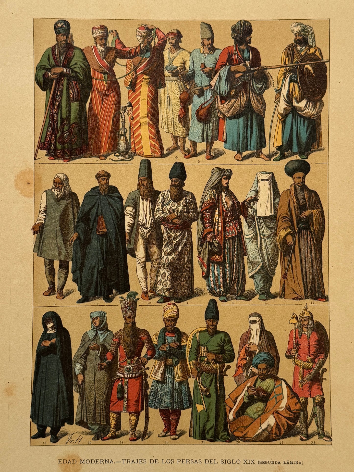 Cromolitografía trajes y armas de los persas del siglo XIX - Historia general del arte. Montaner y Simón ca. 1890