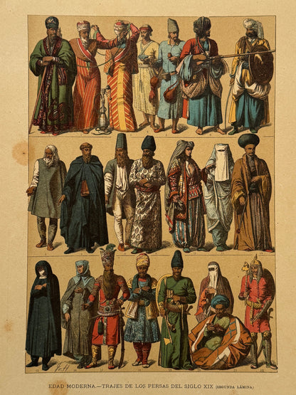 Cromolitografía trajes y armas de los persas del siglo XIX - Historia general del arte. Montaner y Simón ca. 1890