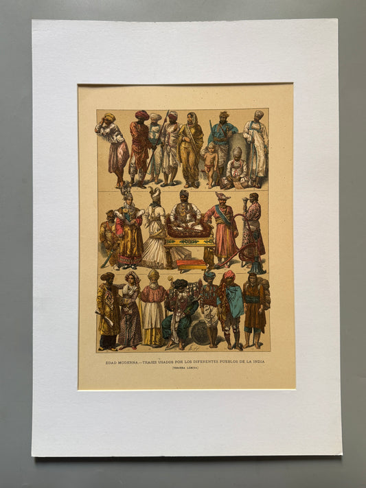 Cromolitografía trajes de la India - Historia general del arte. Montaner y Simón ca. 1890