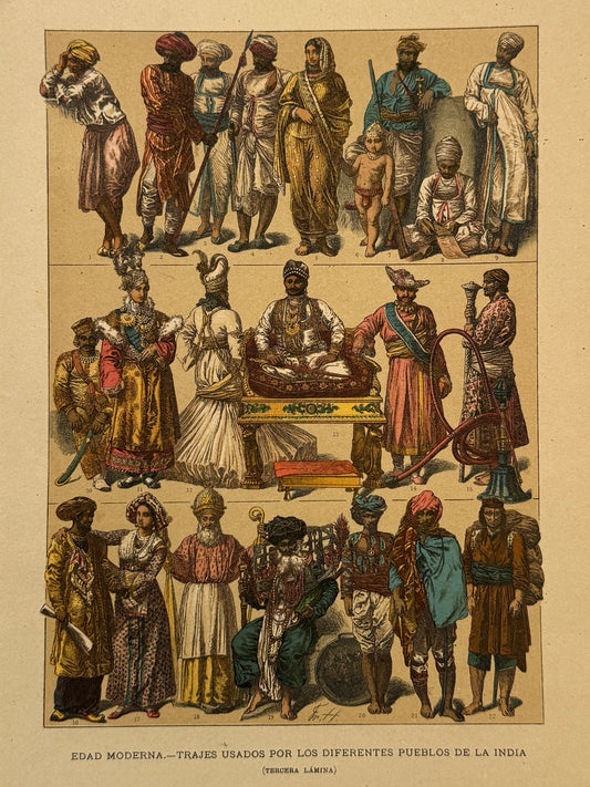 Cromolitografía trajes de la India - Historia general del arte. Montaner y Simón ca. 1890