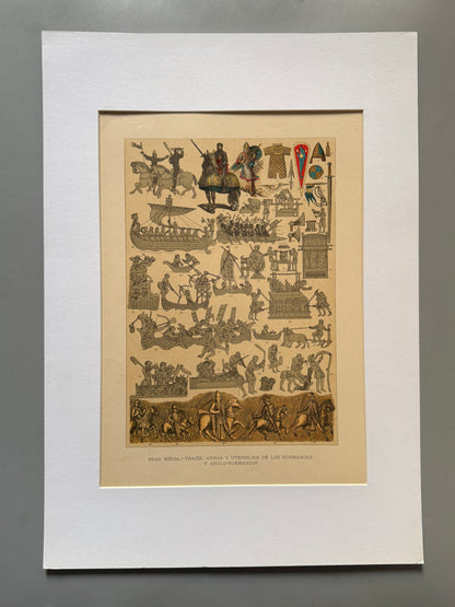 Cromolitografía trajes, armas y utensilios de los normandos y anglo-normandos - Historia general del arte. Montaner y Simón ca. 1890