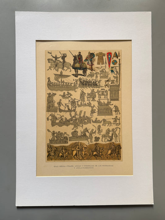 Cromolitografía trajes, armas y utensilios de los normandos y anglo-normandos - Historia general del arte. Montaner y Simón ca. 1890