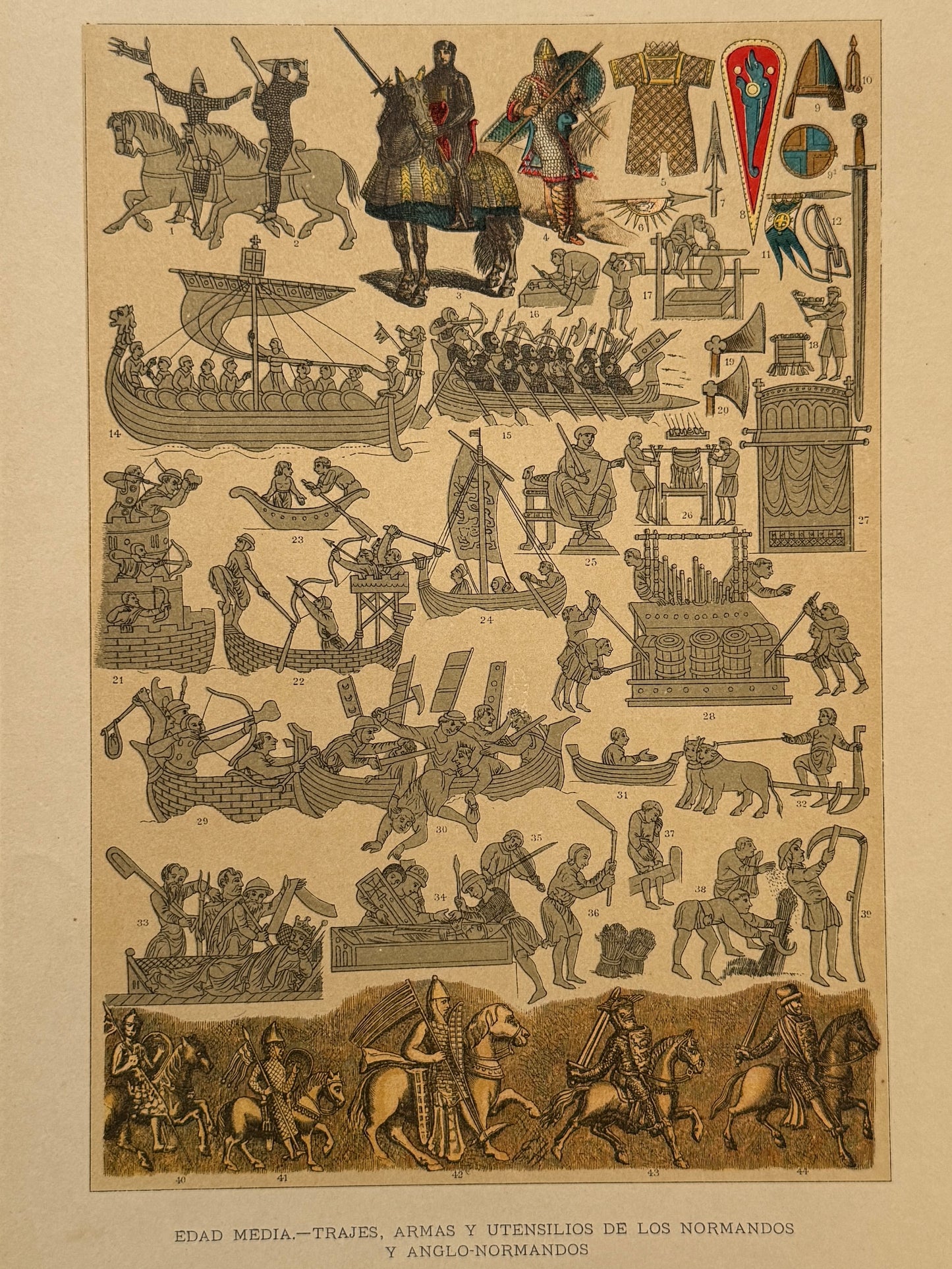 Cromolitografía trajes, armas y utensilios de los normandos y anglo-normandos - Historia general del arte. Montaner y Simón ca. 1890