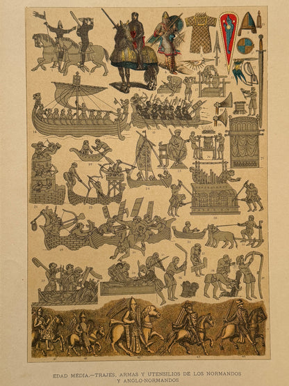 Cromolitografía trajes, armas y utensilios de los normandos y anglo-normandos - Historia general del arte. Montaner y Simón ca. 1890