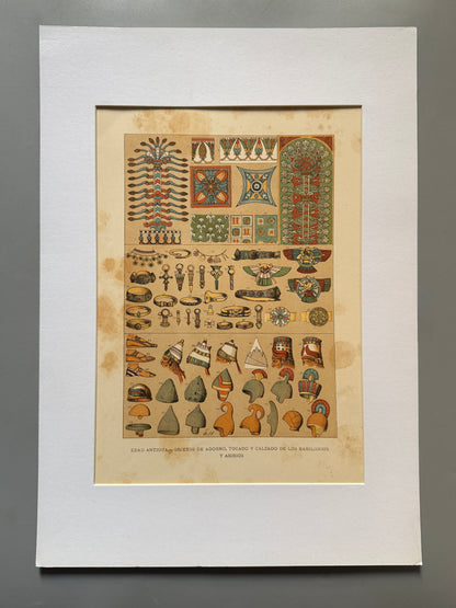 Cromolitografía objetos de adorno, tocado y calzado de los babilonios y asirios - Historia general del arte. Montaner y Simón ca. 1890
