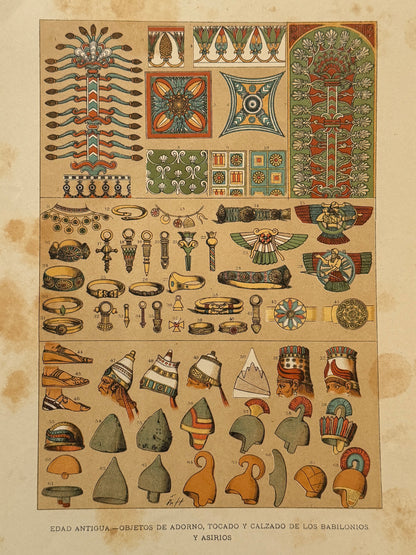 Cromolitografía objetos de adorno, tocado y calzado de los babilonios y asirios - Historia general del arte. Montaner y Simón ca. 1890