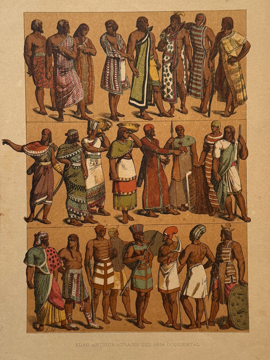 Cromolitografía trajes del Asia occidental - Historia general del arte. Montaner y Simón ca. 1890
