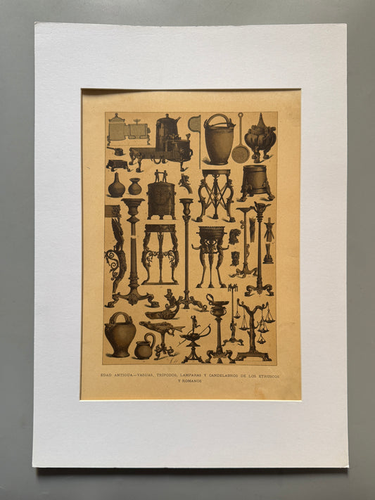 Cromolitografía vasijas, trípodos, lámparas y candelabros de los etruscos y romanos - Historia general del arte. Montaner y Simón ca. 1890