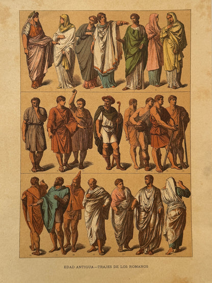 Cromolitografía trajes de los romanos - Historia general del arte. Montaner y Simón ca. 1890