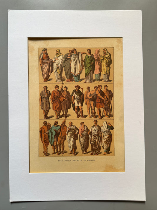 Cromolitografía trajes de los romanos - Historia general del arte. Montaner y Simón ca. 1890