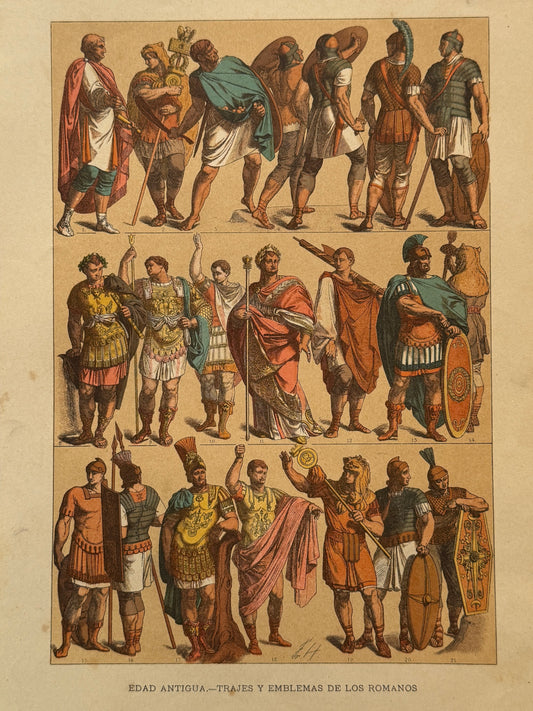 Cromolitografía trajes y emblemas de los romanos - Historia general del arte. Montaner y Simón ca. 1890