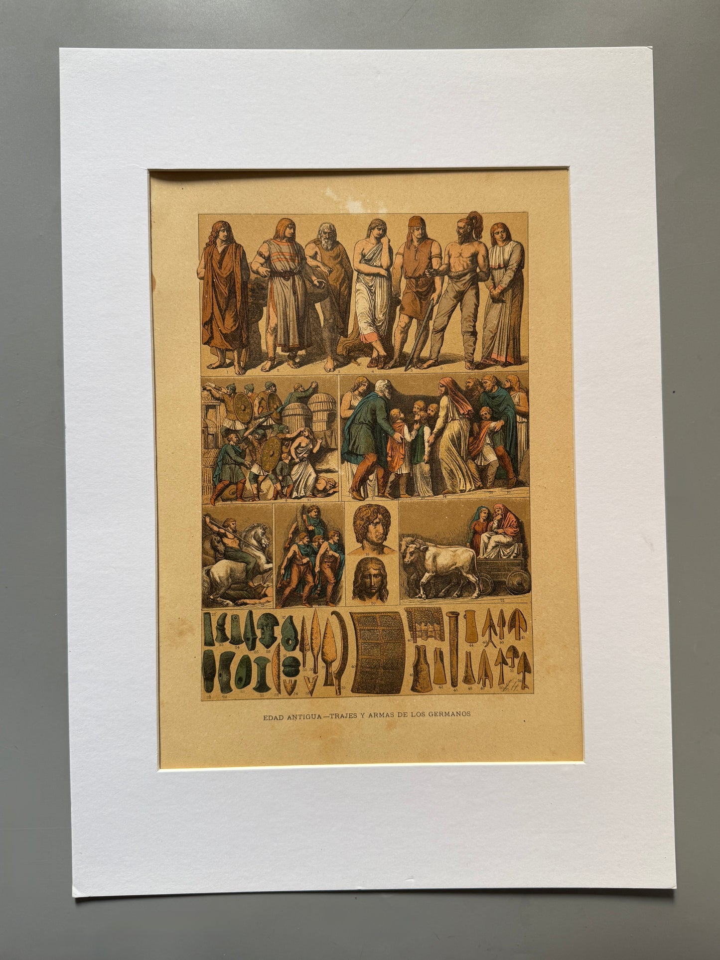 Cromolitografía trajes y armas de los germanos - Historia general del arte. Montaner y Simón ca. 1890