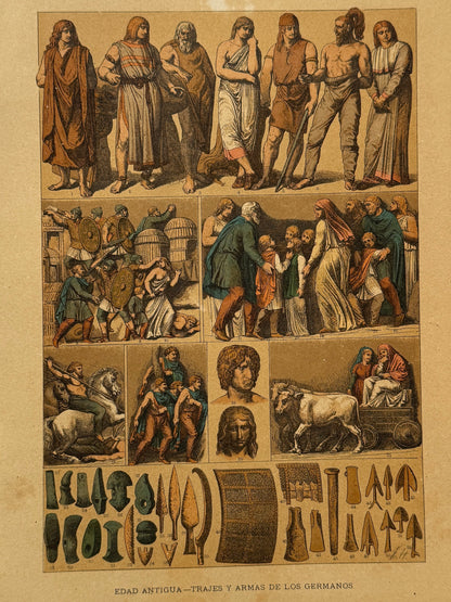 Cromolitografía trajes y armas de los germanos - Historia general del arte. Montaner y Simón ca. 1890