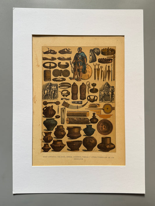 Cromolitografía calzado, armas, adornos, vasijas y otros utensilios de los germanos - Historia general del arte. Montaner y Simón ca. 1890