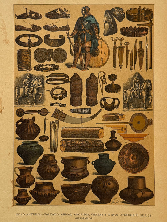Cromolitografía calzado, armas, adornos, vasijas y otros utensilios de los germanos - Historia general del arte. Montaner y Simón ca. 1890