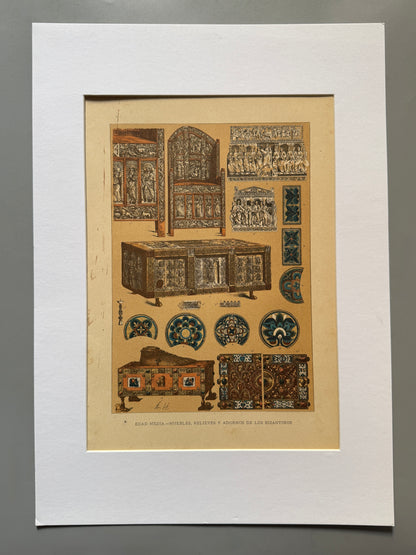Cromolitografía muebles, relieves y adornos de los bizantinos - Historia general del arte. Montaner y Simón ca. 1890