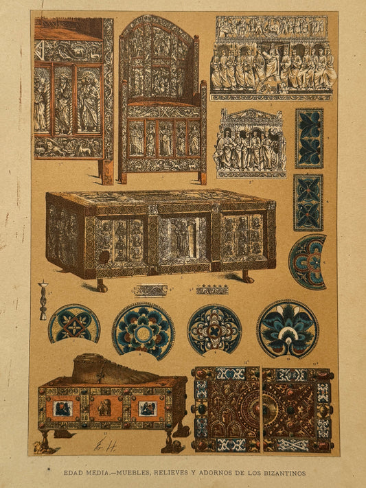 Cromolitografía muebles, relieves y adornos de los bizantinos - Historia general del arte. Montaner y Simón ca. 1890