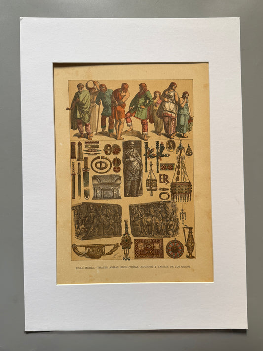Cromolitografía trajes, armas, esculturas, adornos y vasijas de los godos - Historia general del arte. Montaner y Simón ca. 1890