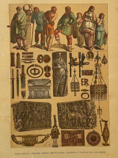 Cromolitografía trajes, armas, esculturas, adornos y vasijas de los godos - Historia general del arte. Montaner y Simón ca. 1890