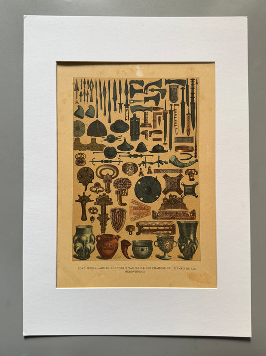 Cromolitografía armas, adornos y vasijas de los francos - Historia general del arte. Montaner y Simón ca. 1890