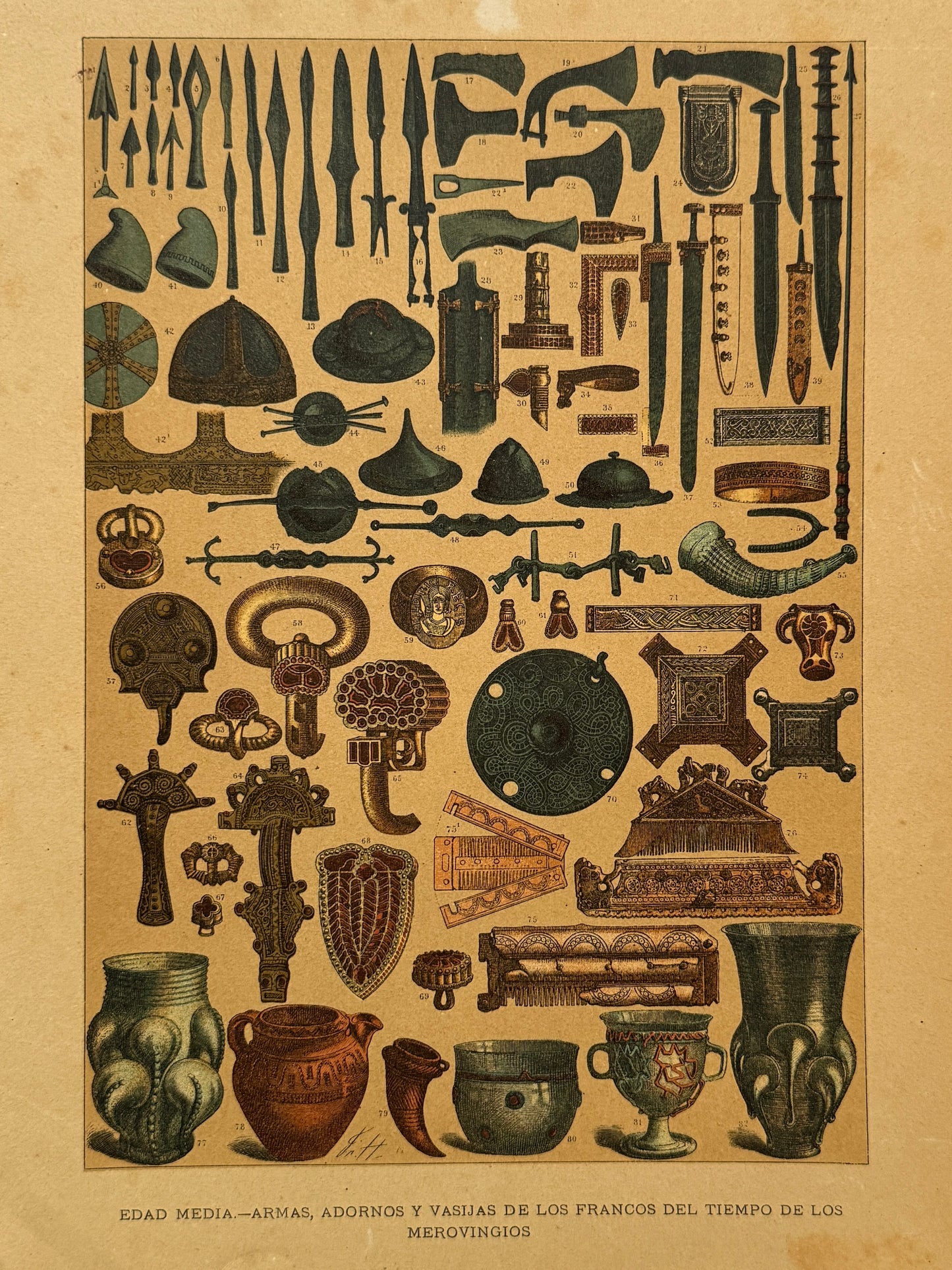 Cromolitografía armas, adornos y vasijas de los francos - Historia general del arte. Montaner y Simón ca. 1890