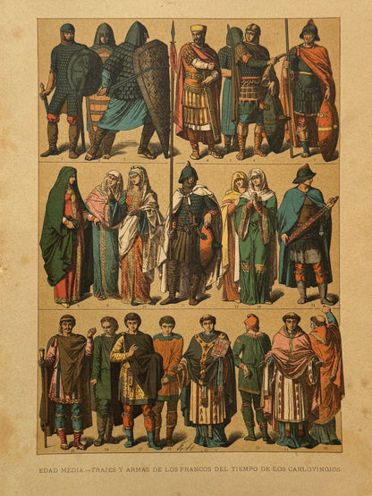 Cromolitografía trajes y armas de los francos - Historia general del arte. Montaner y Simón ca. 1890