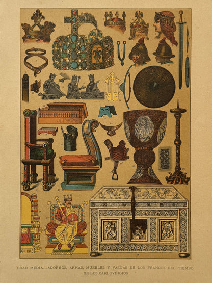 Cromolitografía adornos, armas, muebles y vasijas de los francos - Historia general del arte. Montaner y Simón ca. 1890