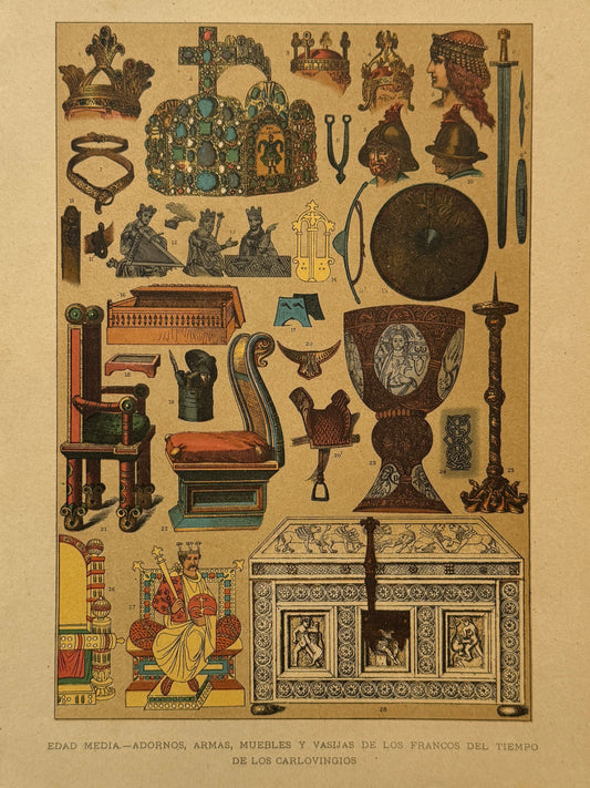Cromolitografía adornos, armas, muebles y vasijas de los francos - Historia general del arte. Montaner y Simón ca. 1890