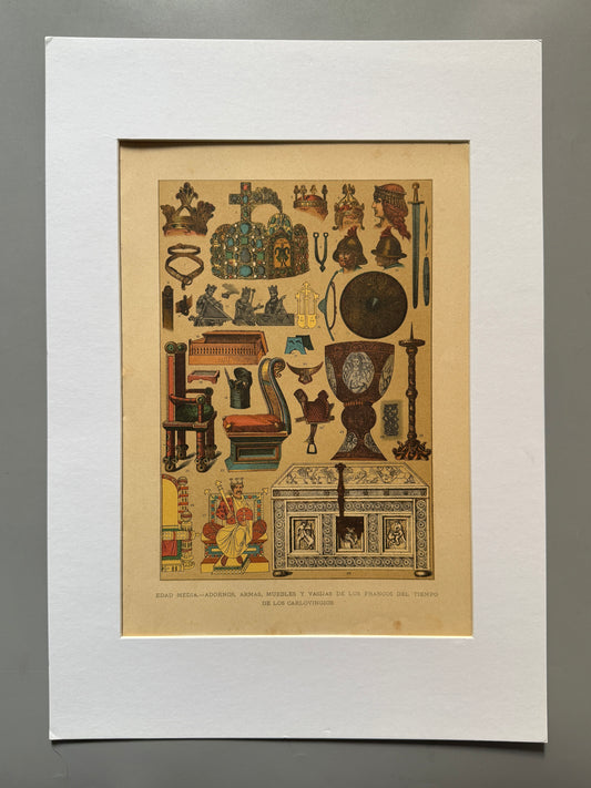 Cromolitografía adornos, muebles y trajes de los francos - Historia general del arte. Montaner y Simón ca. 1890