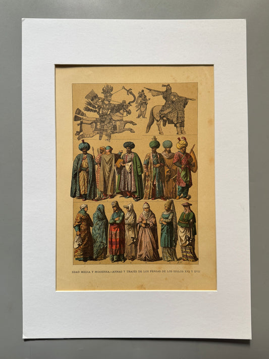 Cromolitografía trajes y armas de los persas - Historia del traje. Montaner y Simón ca. 1890