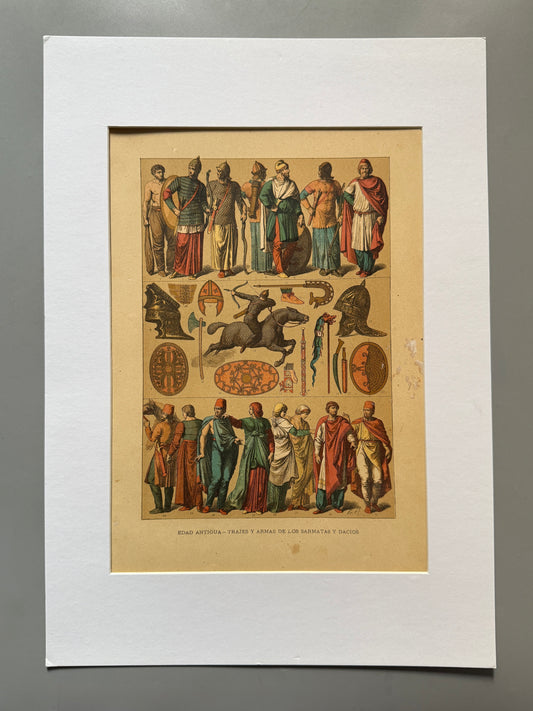 Cromolitografía trajes y armas de los sármatas y dacios - Historia del traje. Montaner y Simón ca. 1890