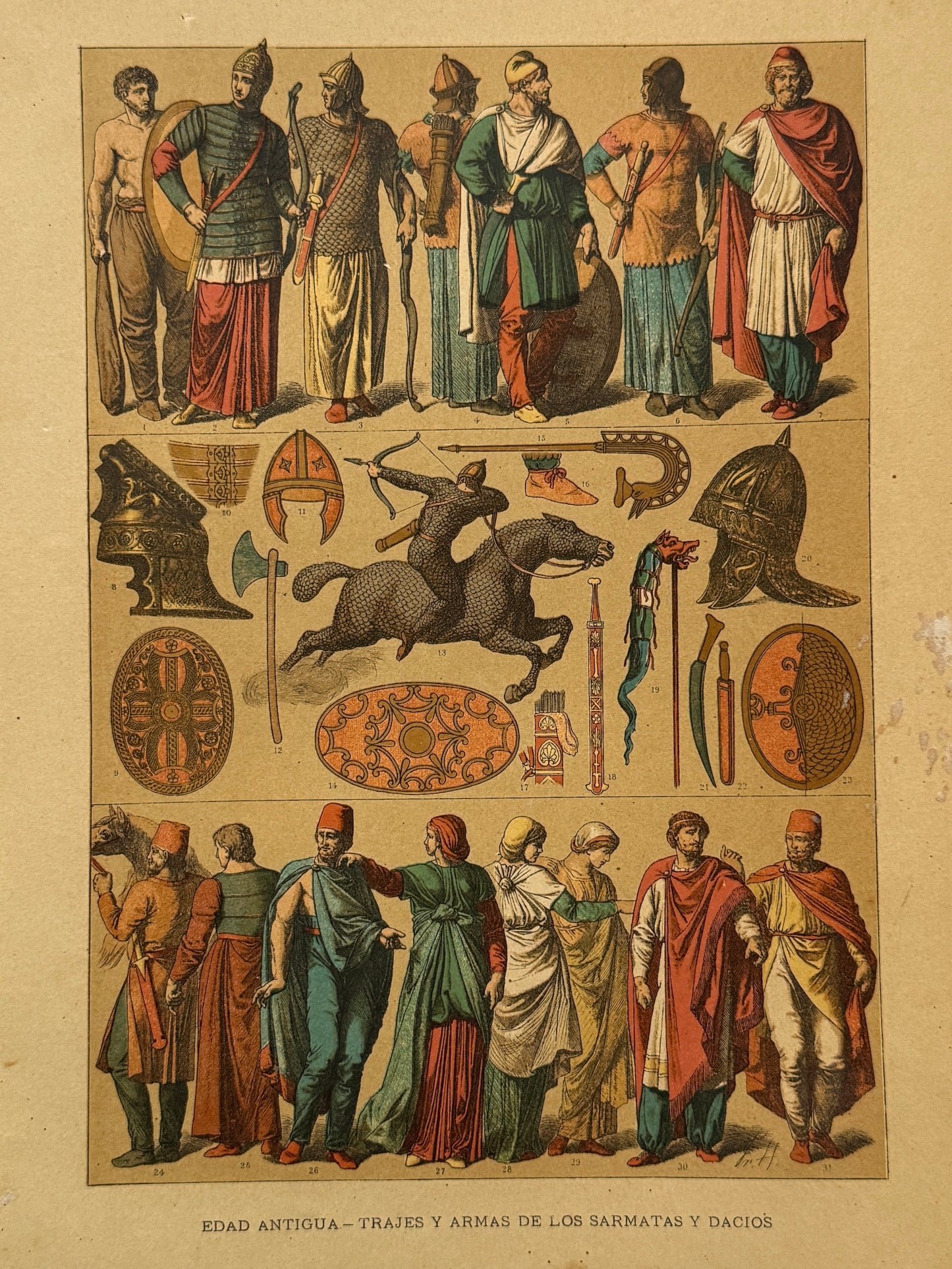 Cromolitografía trajes y armas de los sármatas y dacios - Historia del traje. Montaner y Simón ca. 1890