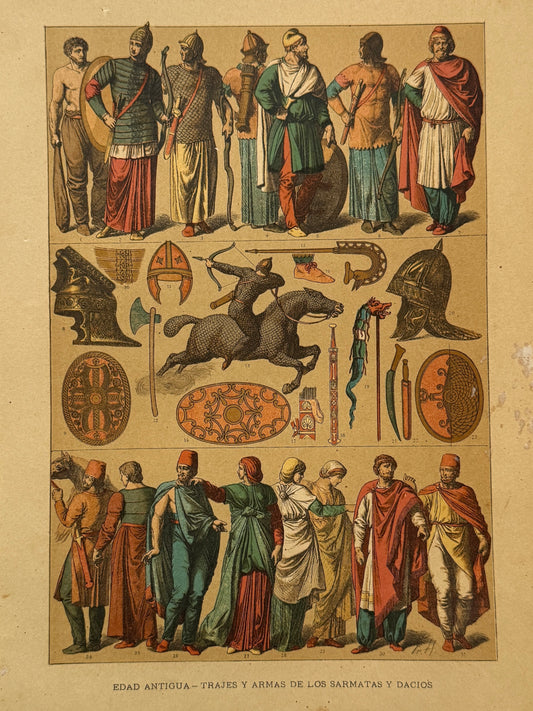 Cromolitografía trajes y armas de los sármatas y dacios - Historia del traje. Montaner y Simón ca. 1890