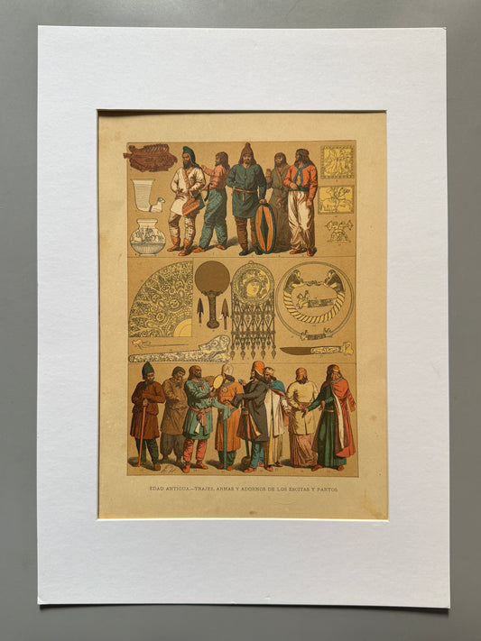 Cromolitografía trajes, armas y adornos de los Escitas y Partos - Historia del traje. Montaner y Simón ca. 1890