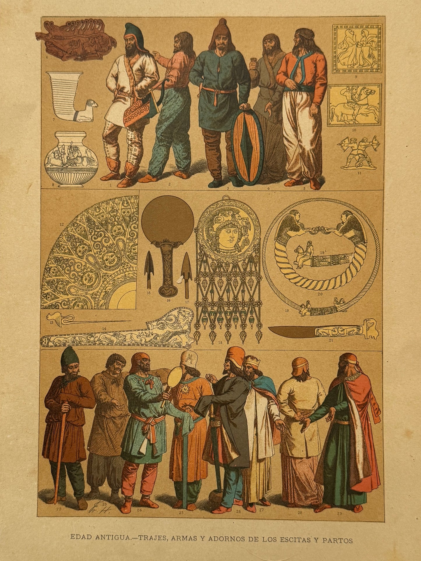 Cromolitografía trajes, armas y adornos de los Escitas y Partos - Historia del traje. Montaner y Simón ca. 1890