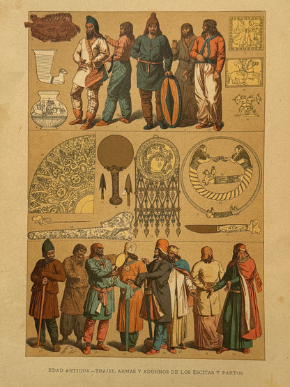 Cromolitografía trajes, armas y adornos de los Escitas y Partos - Historia del traje. Montaner y Simón ca. 1890