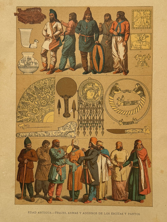 Cromolitografía trajes, armas y adornos de los Escitas y Partos - Historia del traje. Montaner y Simón ca. 1890