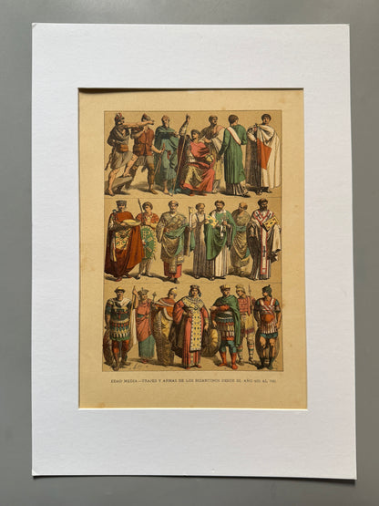 Cromolitografía trajes y armas de los bizantinos - Historia del traje. Montaner y Simón ca. 1890