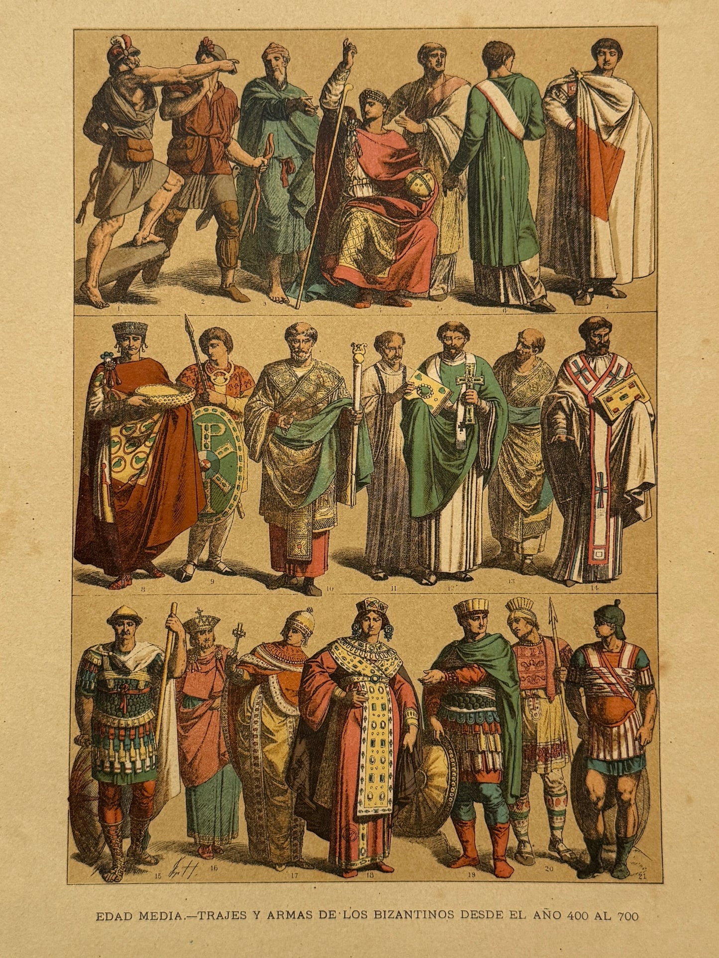 Cromolitografía trajes y armas de los bizantinos - Historia del traje. Montaner y Simón ca. 1890