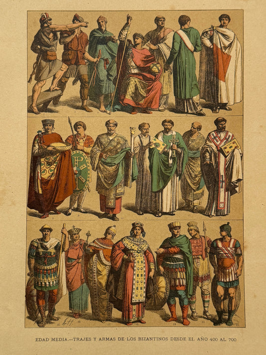 Cromolitografía trajes y armas de los bizantinos - Historia del traje. Montaner y Simón ca. 1890